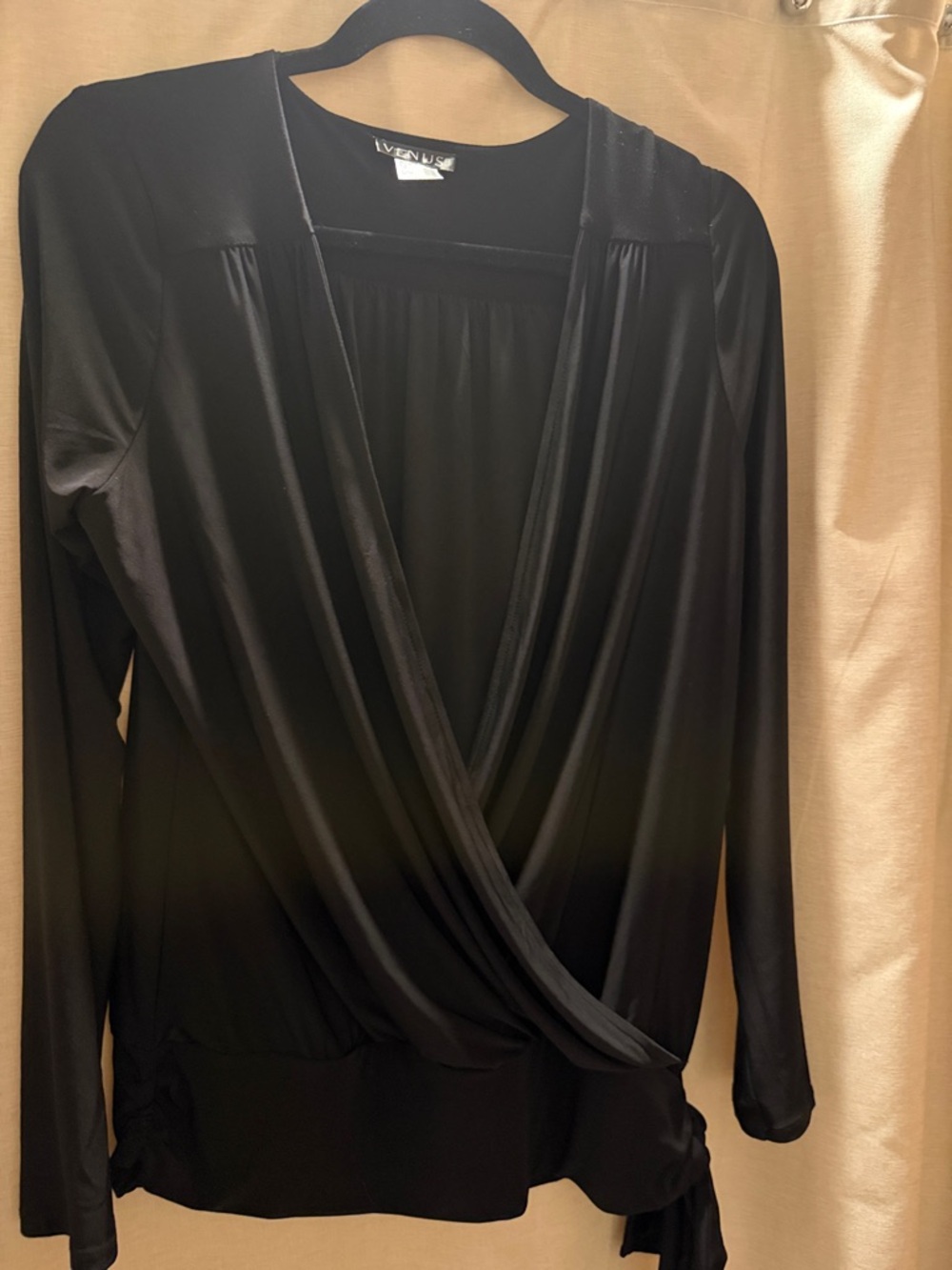 VENUS Black Draped Faux-Wrap Long Sleeve Blouse